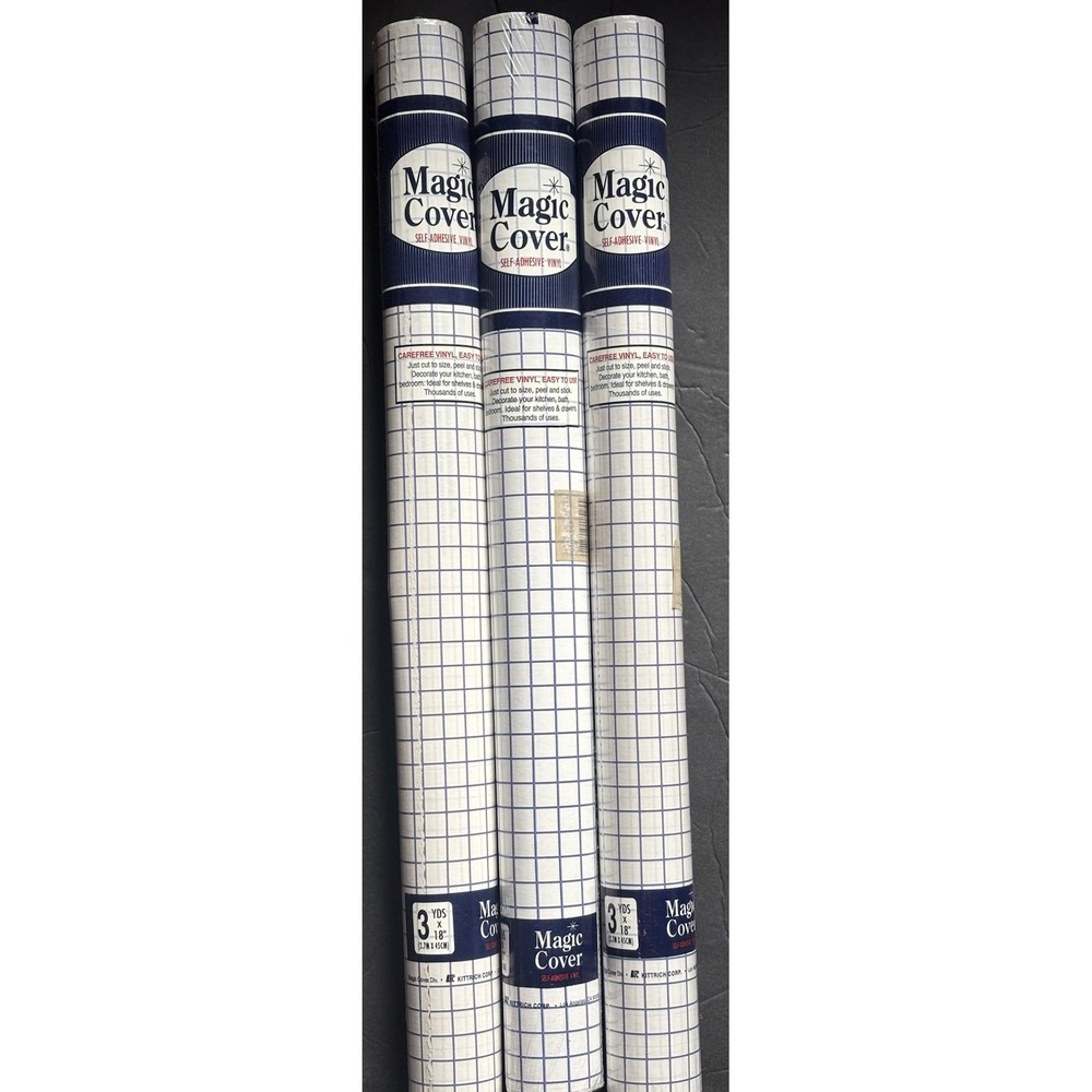 3 Rolls Vtg Magic Cover Blue Grid Contact Paper 3yd X 18in Each Self Adhesive